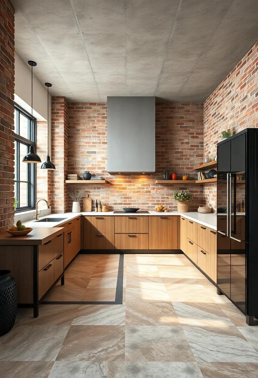Bold Geometric Tiles on Floors Highlighted by Earthy Warmth of Brick Wall Surfaces in a Designer Kitchen