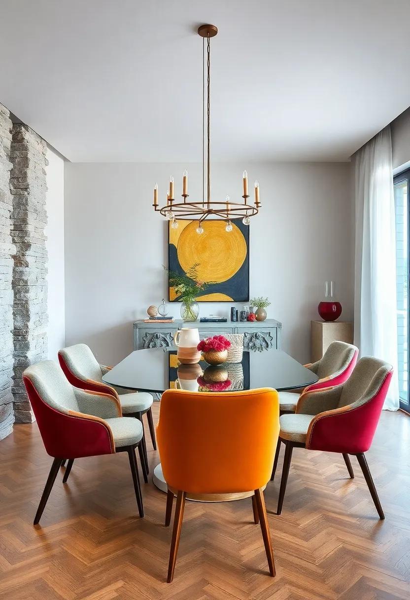 Eclectic Mix of Vintage and Ultra-Modern Chairs Around a Clean-Lined Glass Table