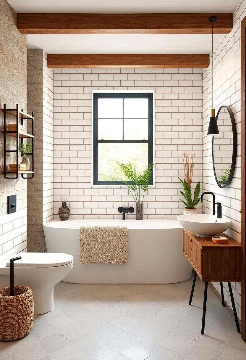 Chic Modern Farmhouse Bathroom Featuring Classic White Subway Tiles With Matte Black Fixtures and Natural Wood Accents
