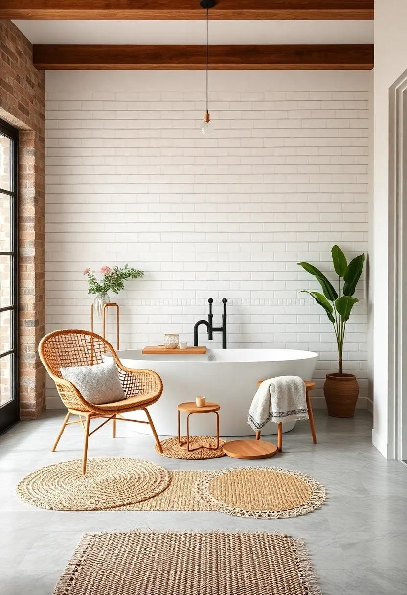 Farmhouse Bathroom Retreat Featuring Subway Tiles Behind a Freestanding Tub, Accented by Woven Rattan Chairs and Natural Fiber Rugs