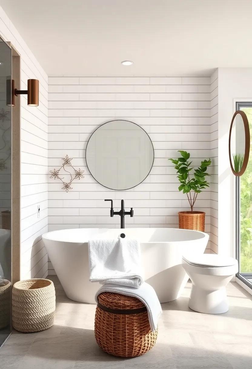 Textural Play In Bathroom With Matte Subway Tiles Paired With Soft Cotton Towels and Crisp White Shiplap Walls