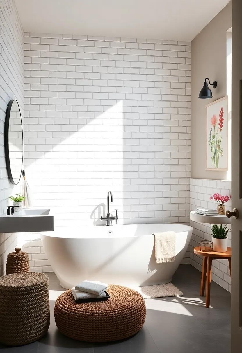 Sunlit Bathroom With Subway Tiles Laid Vertically, Whitewashed Brick Walls, and Botanical Wall Art