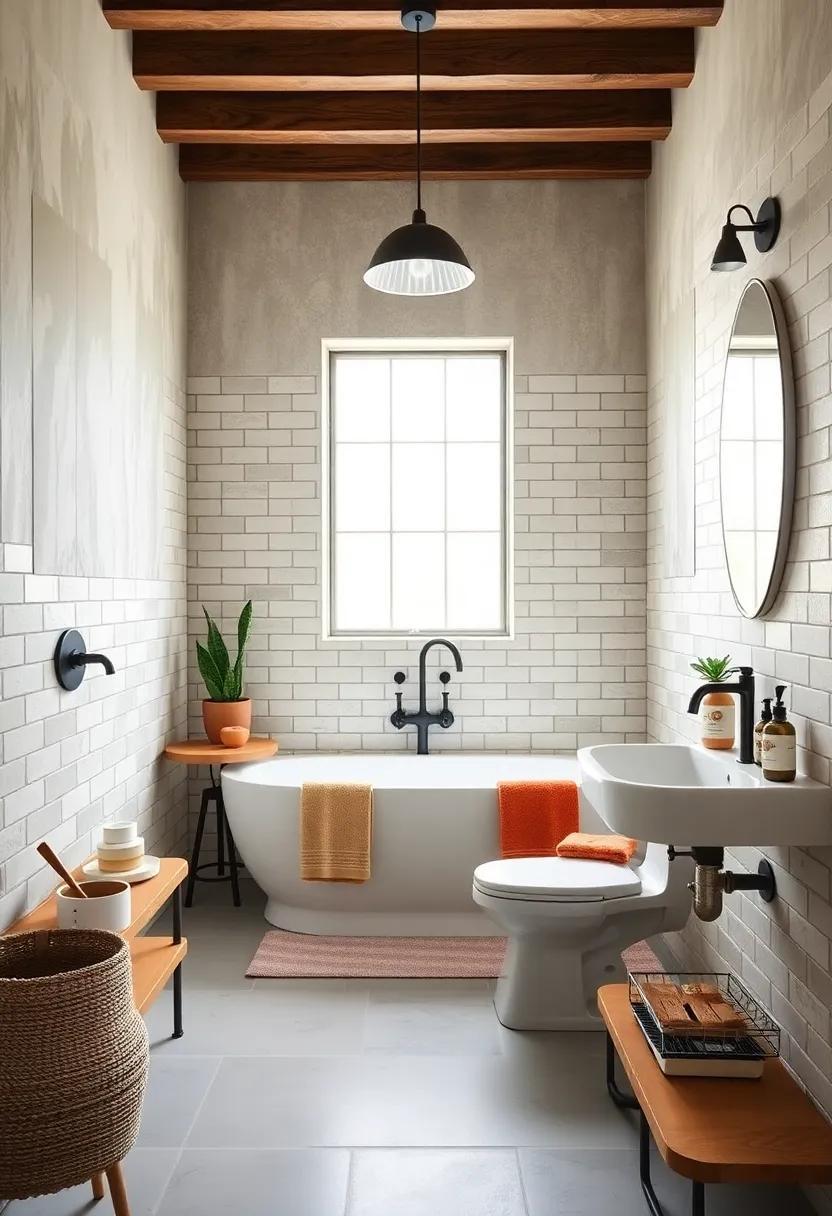 Rustic Meets Chic: Bathroom Showcasing Contrasting Subway Tile Colors and Handcrafted Ceramic Accessories