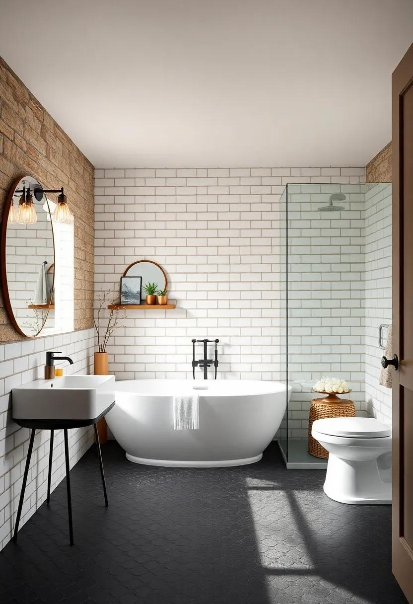 Warm and Welcoming Modern Farmhouse Bathroom Featuring Subway Tile Shower Walls With Black Hexagonal Floor Tiles
