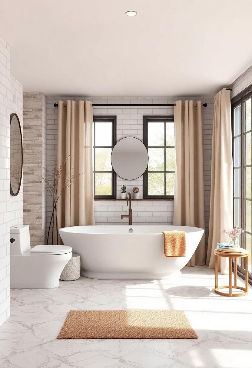 Calming Neutral Farmhouse Bathroom Featuring Subtle Two-Tone Subway Tile Patterns and Soft Natural Linen Curtains