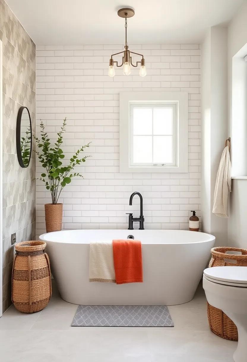 Inviting Modern Farmhouse Bathroom With Subway Tile Bathtub Surround and Vintage Woven Baskets for Storage