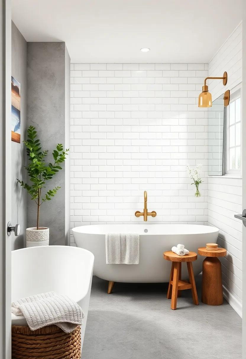 Bright and Airy Bathroom Showcasing White Subway Tiles With Soft Gray Grout and Vintage Brass Lighting Elements