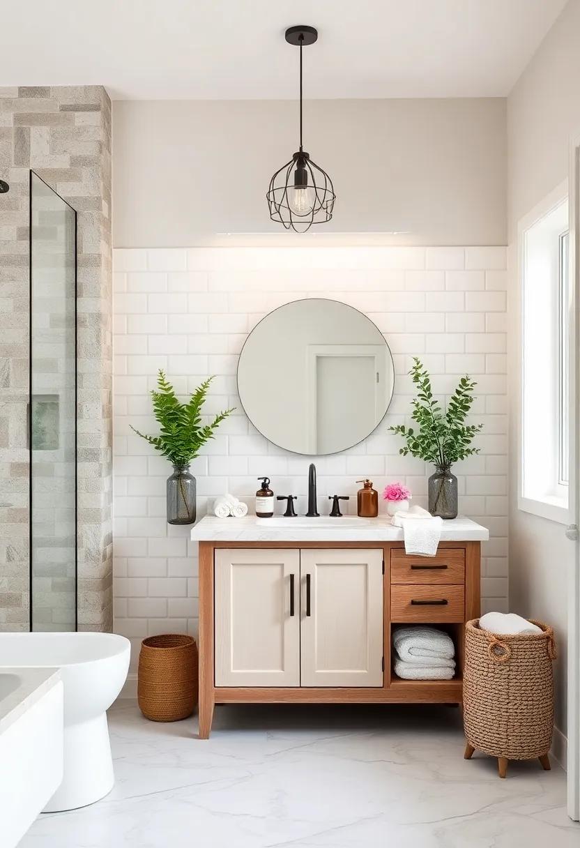 Cozy Rustic Farmhouse Bathroom With Glossy Off-White Subway Tiles and Reclaimed Barn Wood Vanity Details