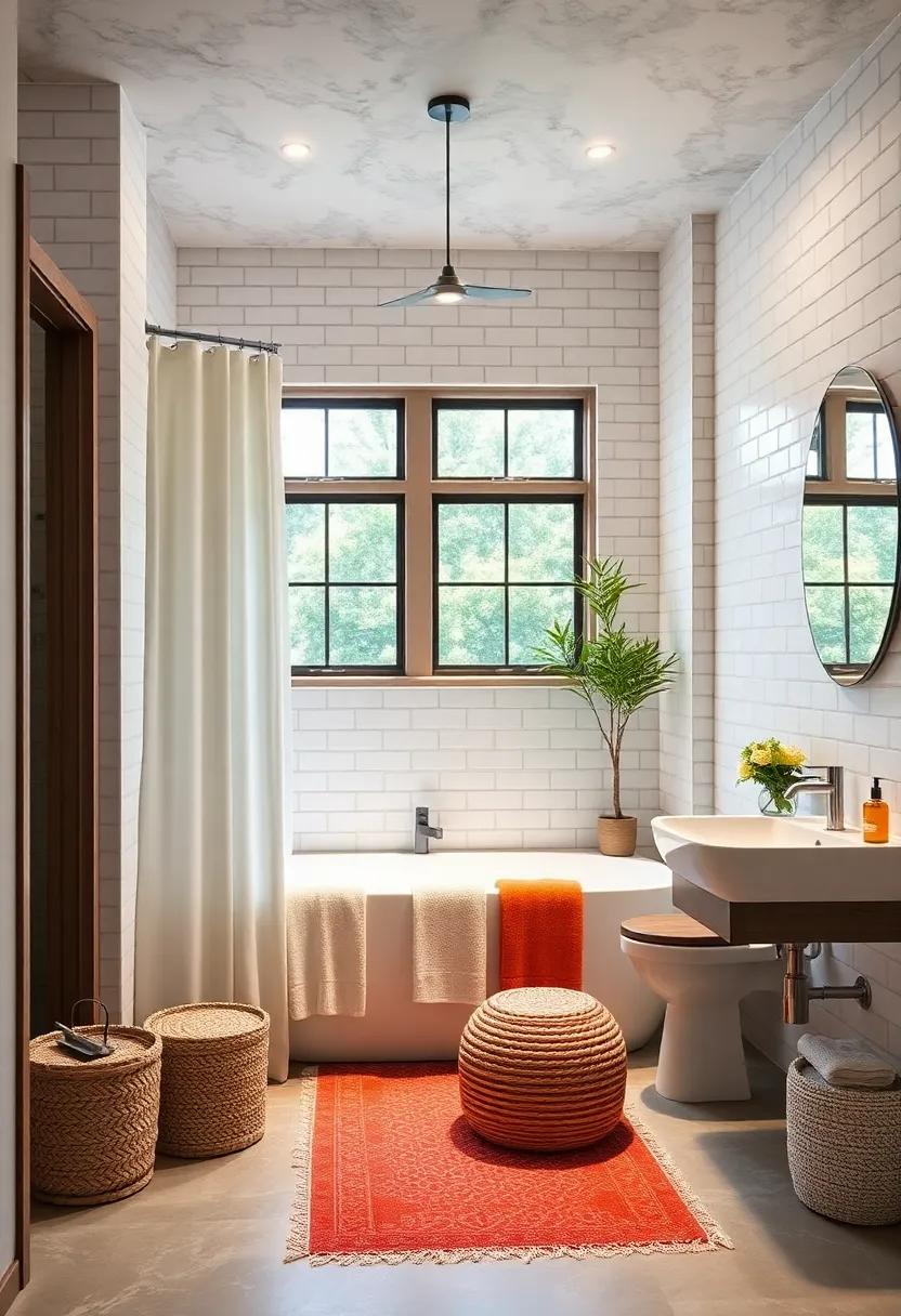 Fresh and Inviting Modern Farmhouse Bathroom With Two-Tone Subway Tile Walls and Textured Linen Shower Curtains