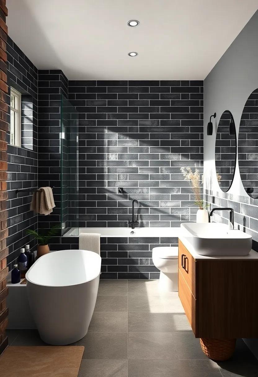 Bold Bathroom Design Combining Dark Subway Tiles and Warm Earth Tones Against Sleek Modern Fixtures