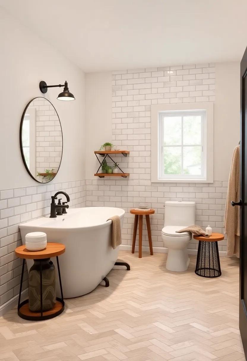 Clean and Contemporary Bathroom Displaying Subway Tiles in Herringbone Pattern with Industrial Style Hardware