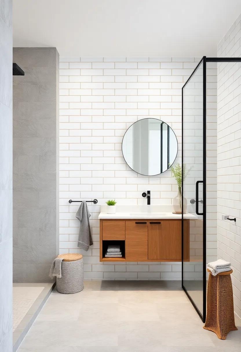 Minimalist Bathroom Interior Featuring Classic Subway Tiles, Floating Oak Sink Vanity, and Black Frameless Glass Shower