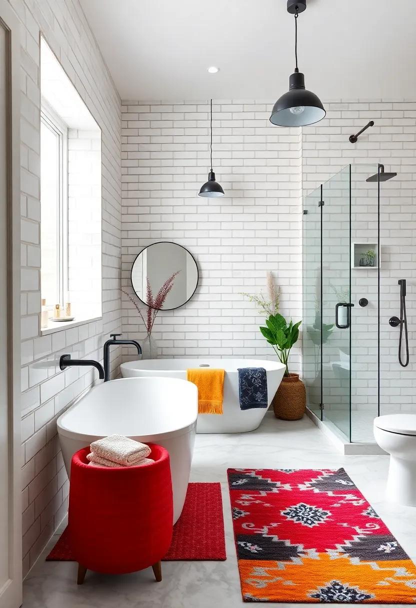 Classic Yet Contemporary Bathroom Featuring Clean Subway Tiles Accented By Bold Geometric Rugs and Industrial Lighting