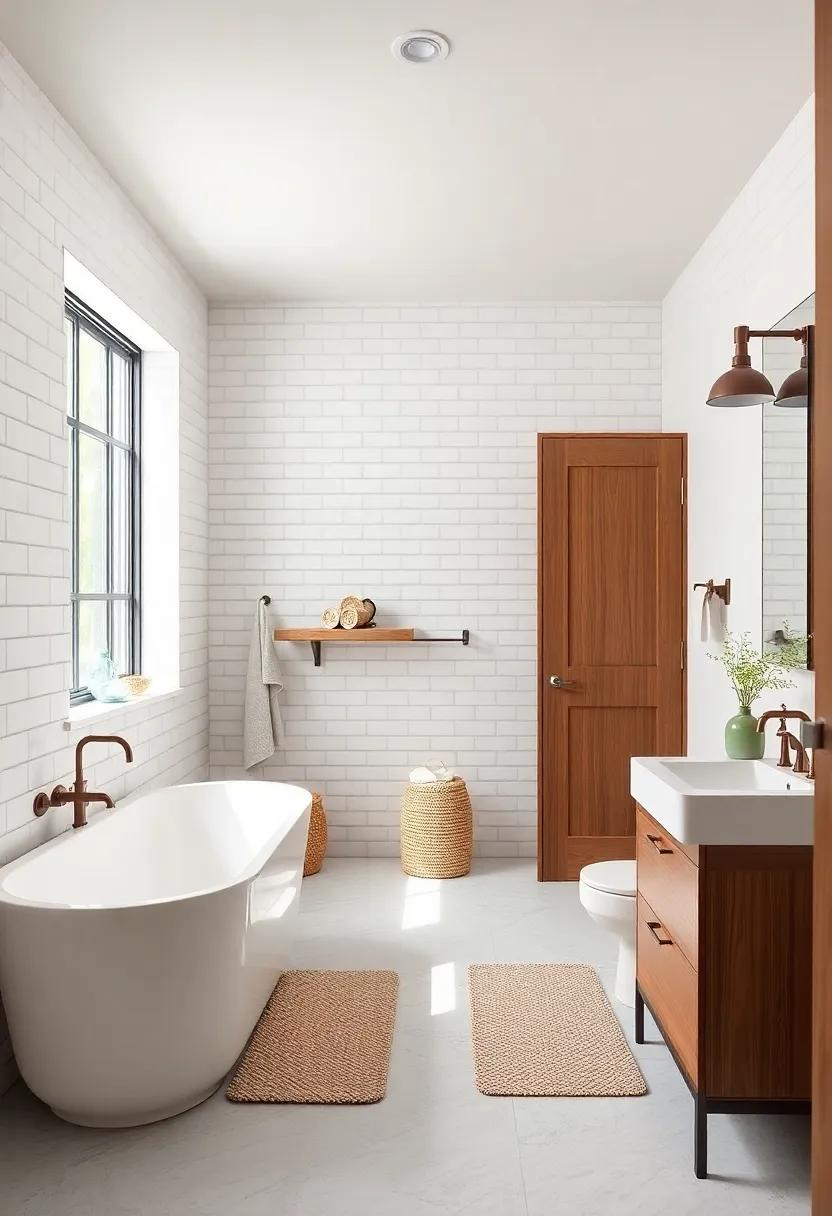 Inviting Bathroom Showcasing Sharp White Subway Tiles With Warm Walnut Wood Details and Vintage Copper Fixtures