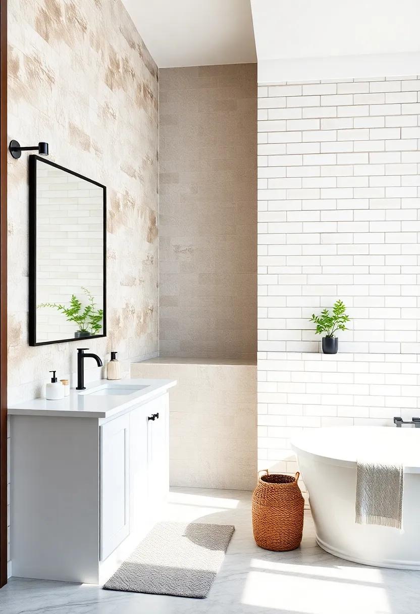 Sleek Bathroom Design With Glossy Subway Tiles Extending To Ceiling and Oversized Black Metal Vanity Mirror