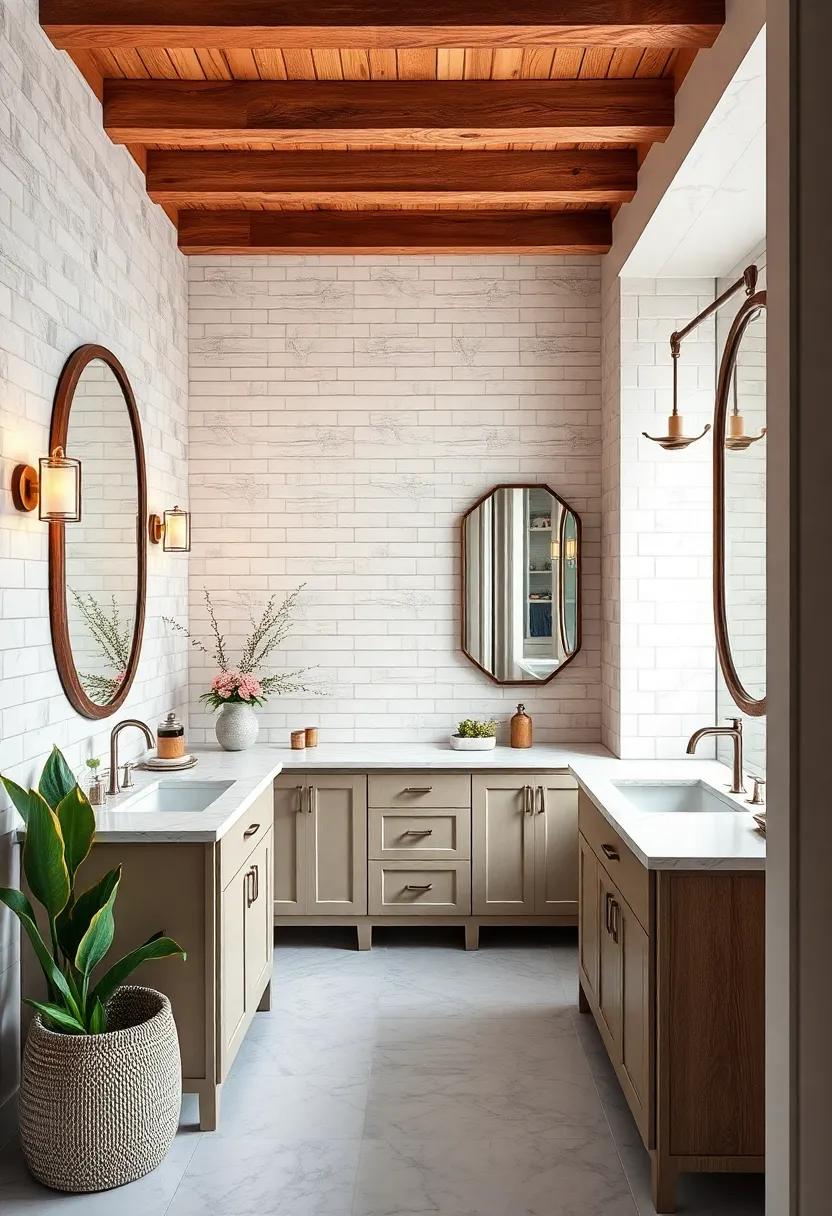 Elegant Farmhouse Bathroom Setting Highlighting Crisp Subway Tiles Paired With Marble Countertops and Antique Mirrors