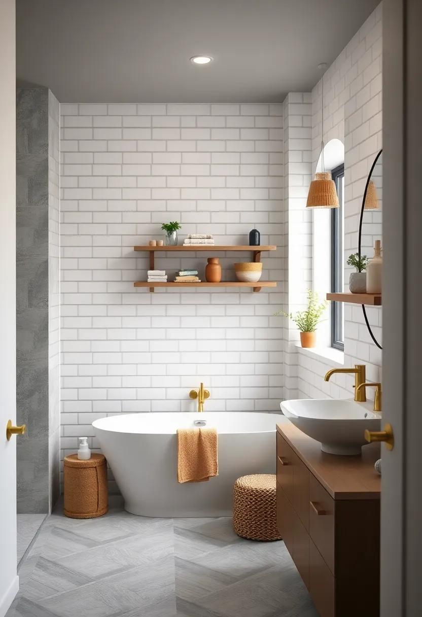Sophisticated Farmhouse Bathroom Combining Subway Tiles With Matte Gold Fixtures and Distressed Wood Floating Shelves