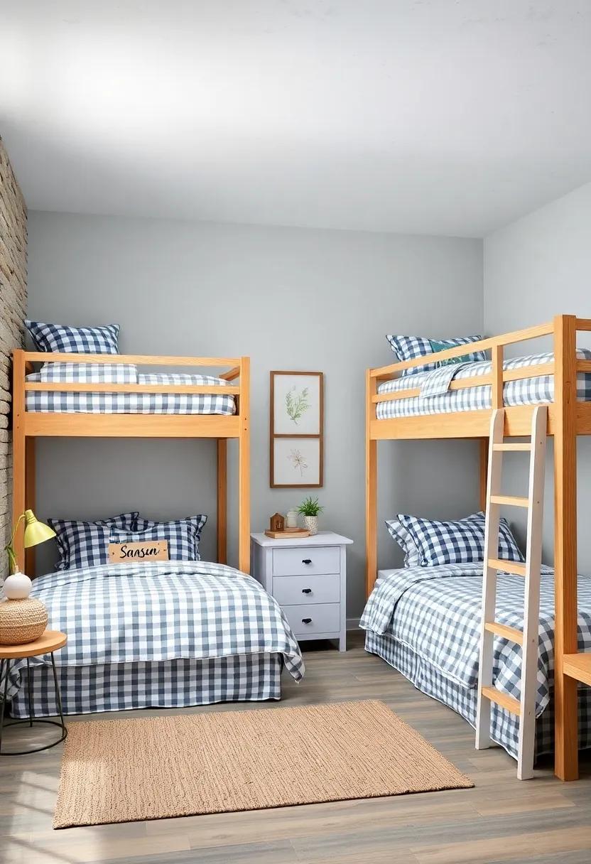 Farmhouse-Style Bunk Beds with Coordinated Gingham Linens and Personalized Name Plaques for Kids