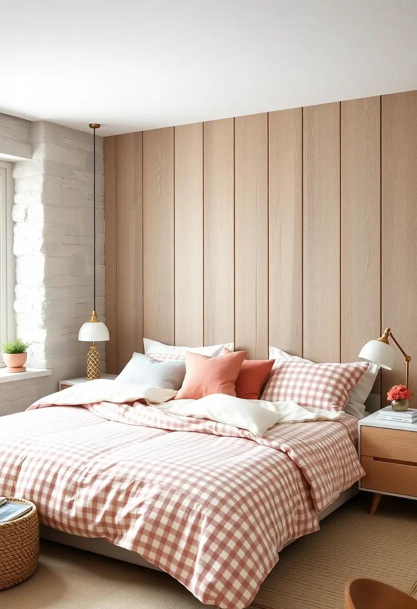 Soft Cream and Blush Gingham Textiles Balanced Against Rustic Farmhouse Wall Panels