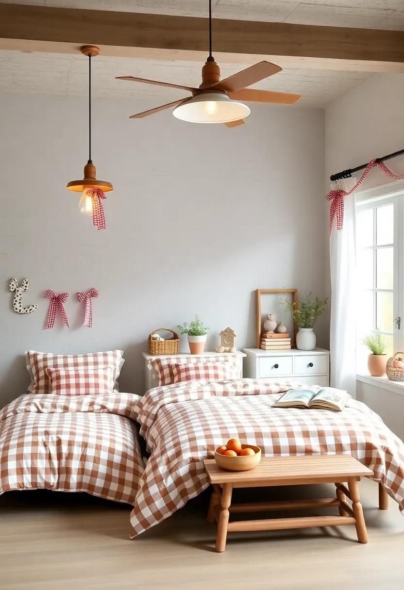 Warm Lighting Fixtures with Gingham Ribbons and Shabby-Chic Furniture Creating a Cozy Atmosphere