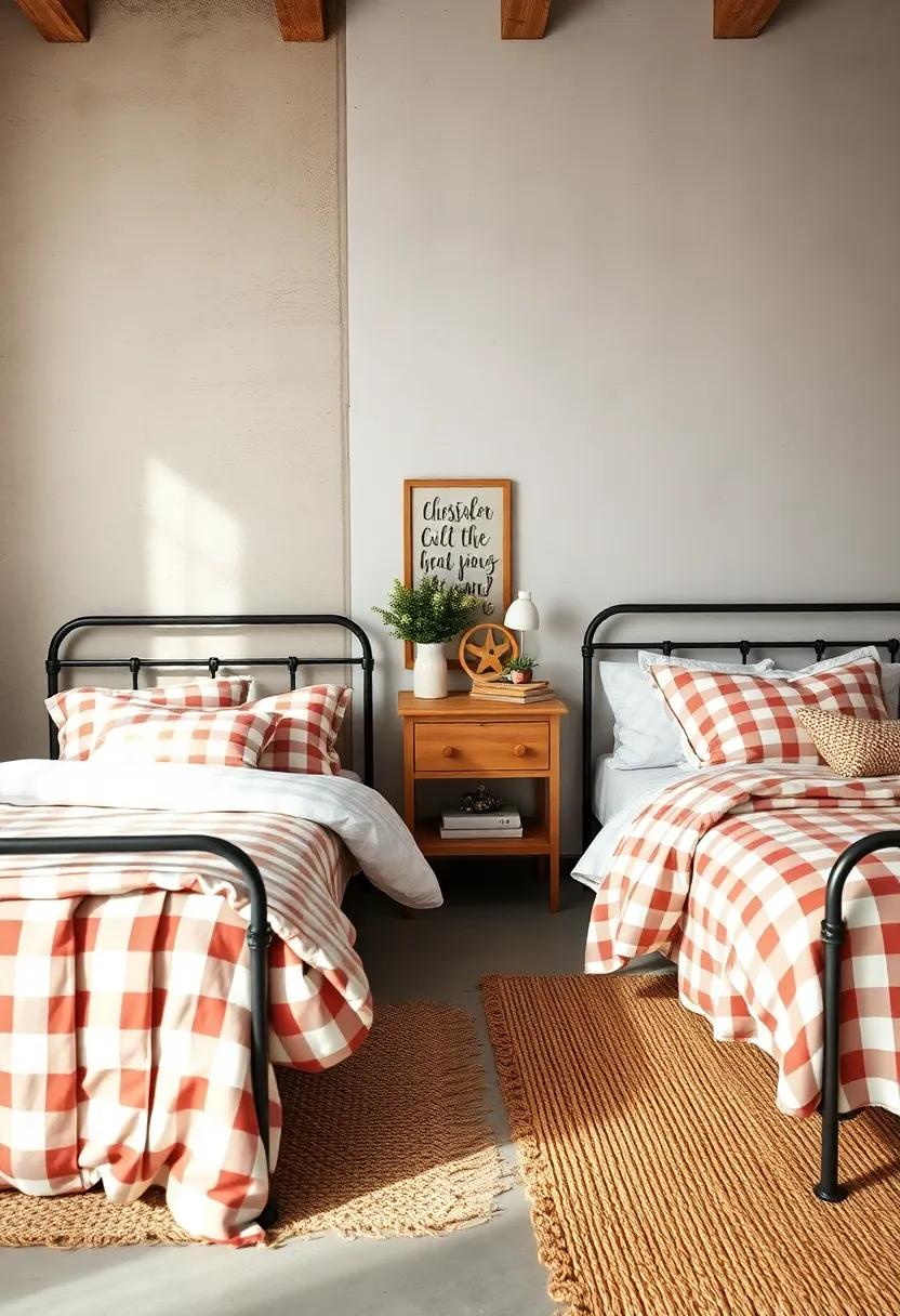 Layered Bedding with Classic Gingham Patterns on Farmhouse Style Iron Beds and Natural Fiber Rugs