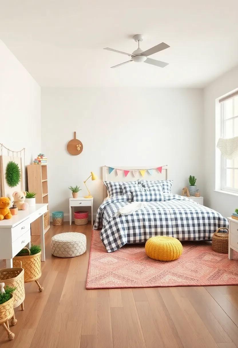Natural Wood Floors and Gingham Bedding Blending Seamlessly with Farmhouse Style Play Areas