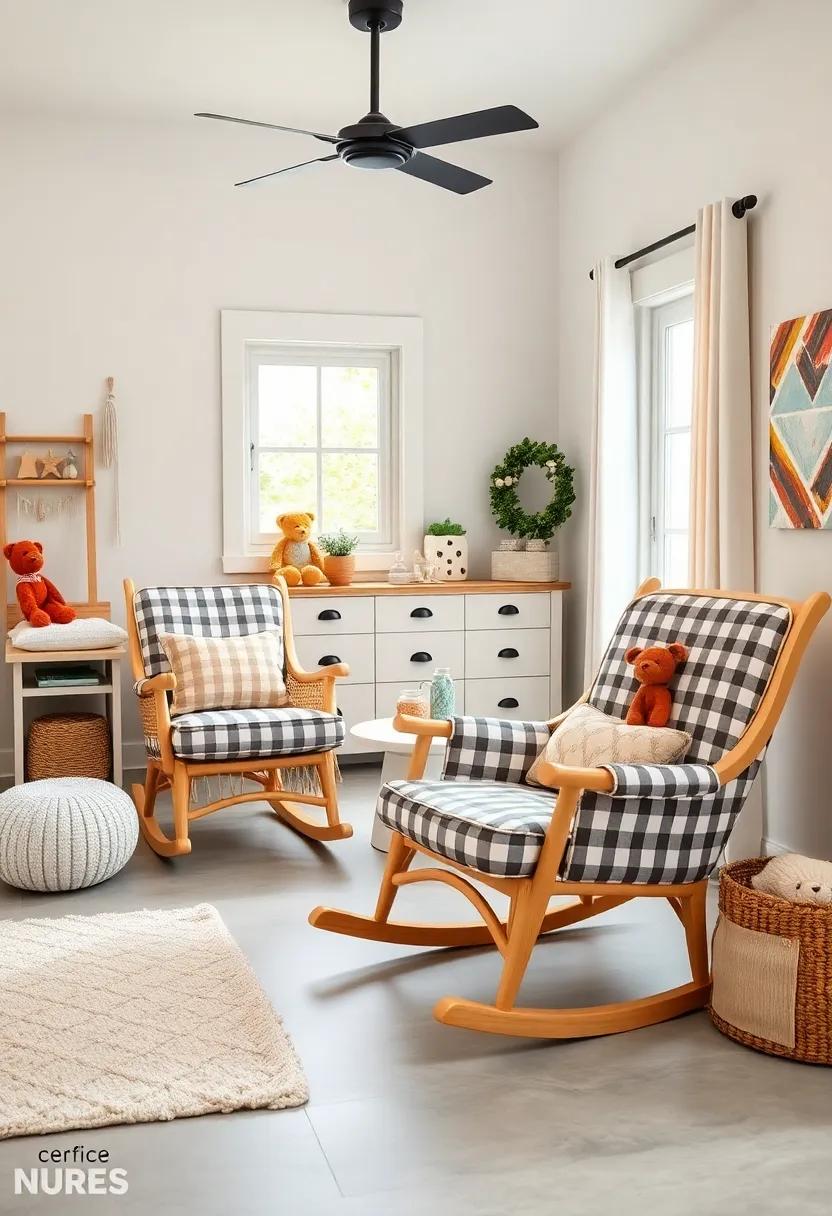 Gingham Cushioned Rocking Chairs Paired with Farmhouse Nursey Decor and Soft Plush Toys
