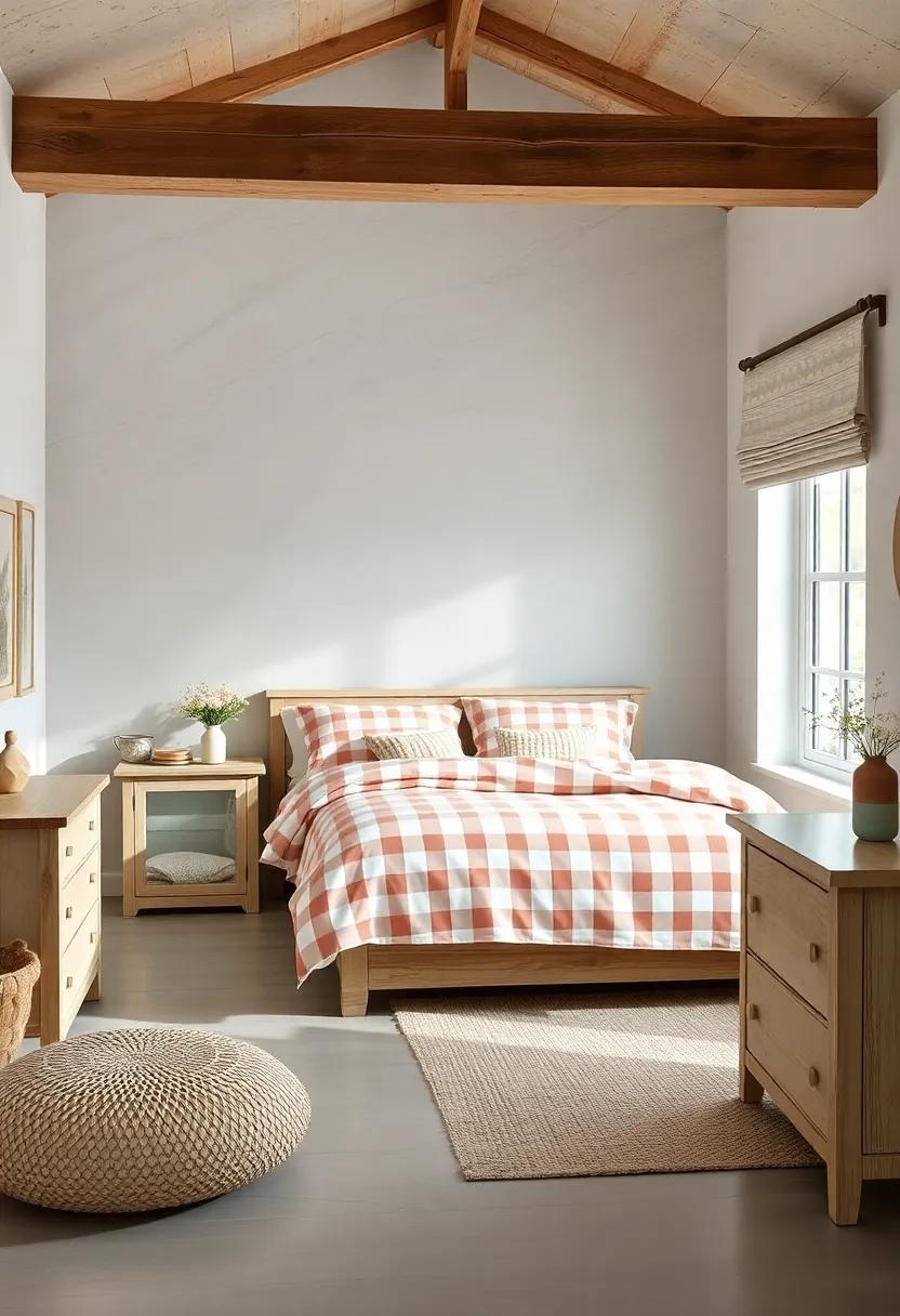 Pastel Gingham Bedding Complementing Distressed Barnwood Furniture for a Calm, Cozy Vibe