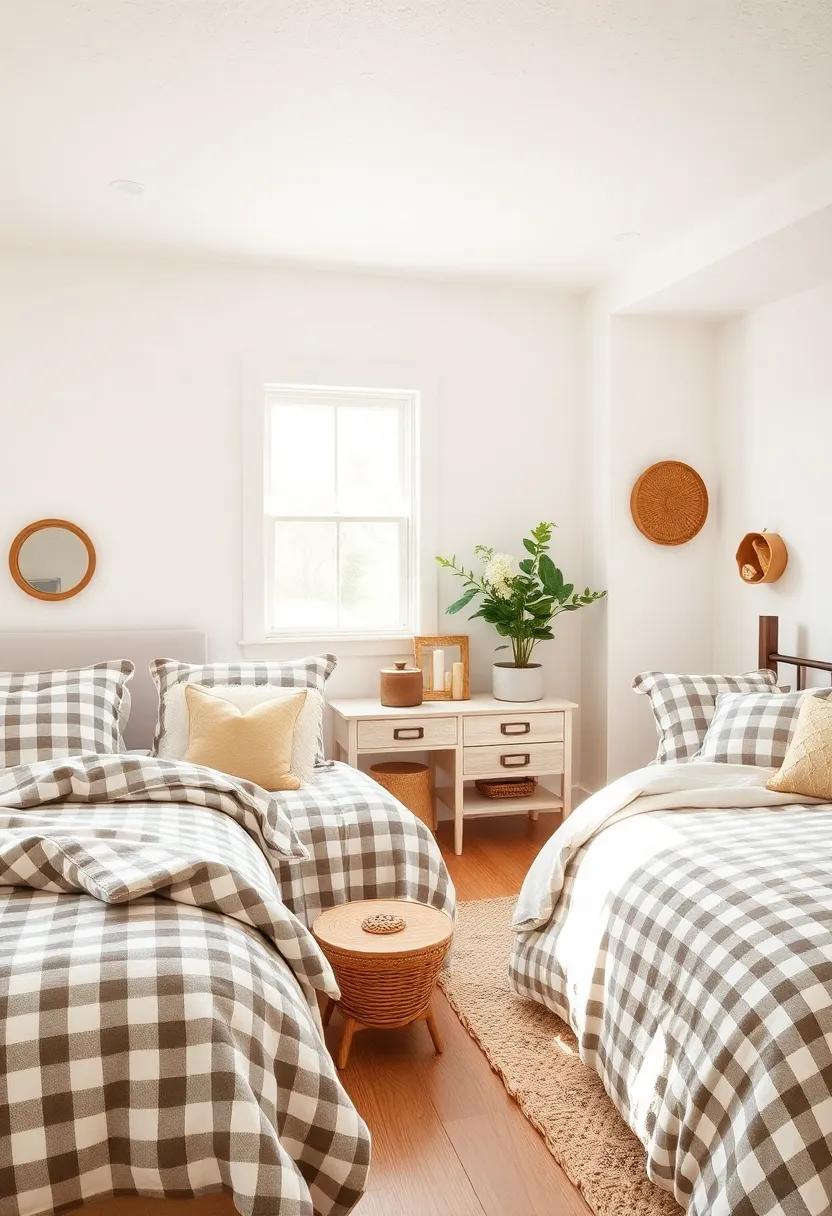 Sunlit Bedrooms with Whitewashed Walls and Classic Gingham Accents Blending Comfort and Farmhouse Charm