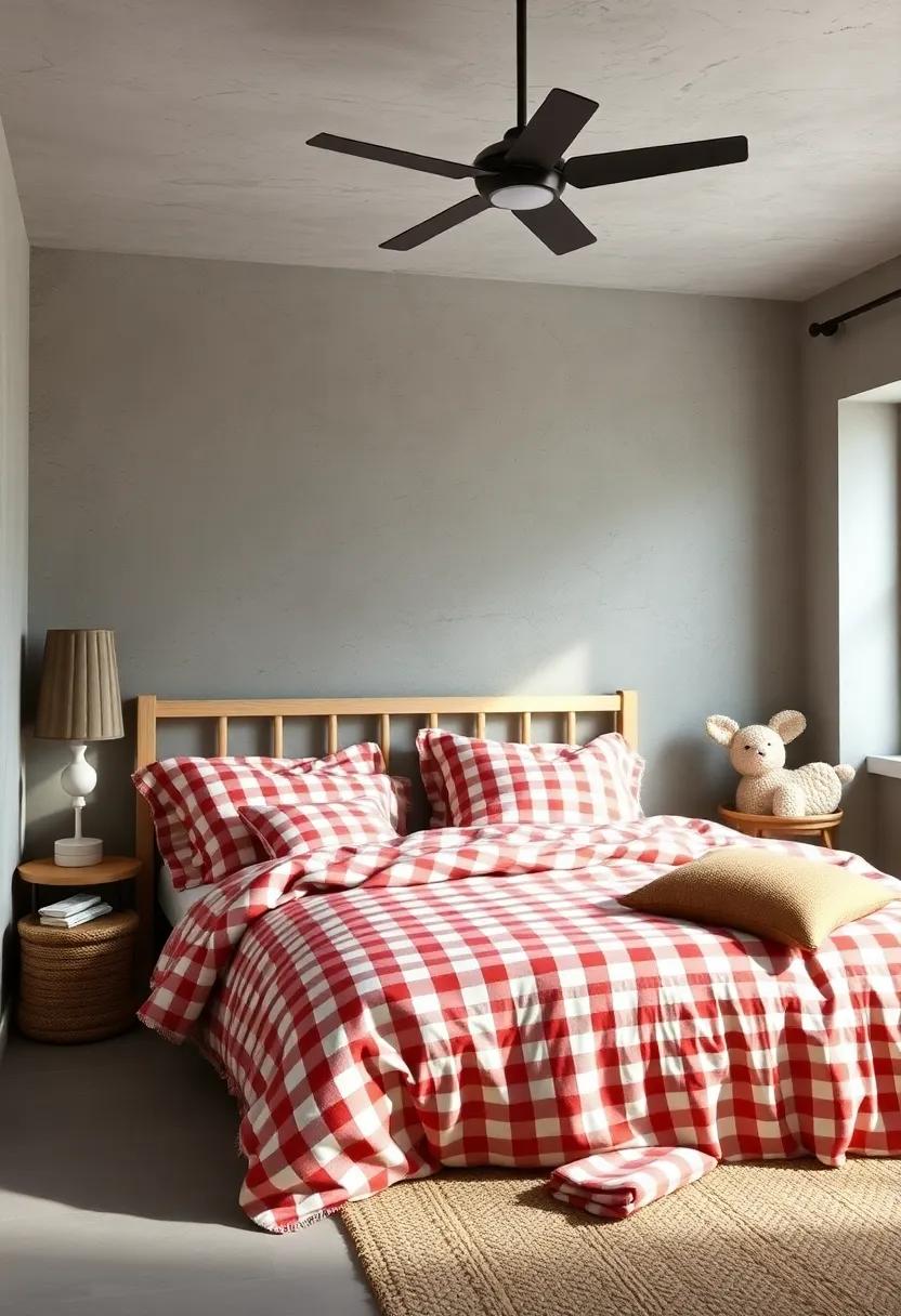 Whimsical Farmhouse Kids' Spaces Showcasing Layered Gingham Throws and Handmade Quilts