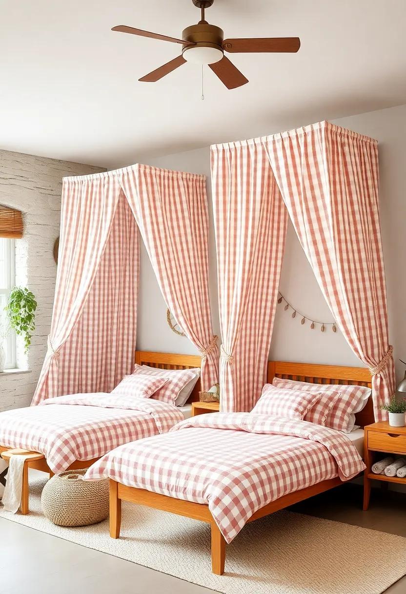 Draped Gingham Canopies over Farmhouse Style Beds Fostering a Magical, Cozy Ambiance for Kids