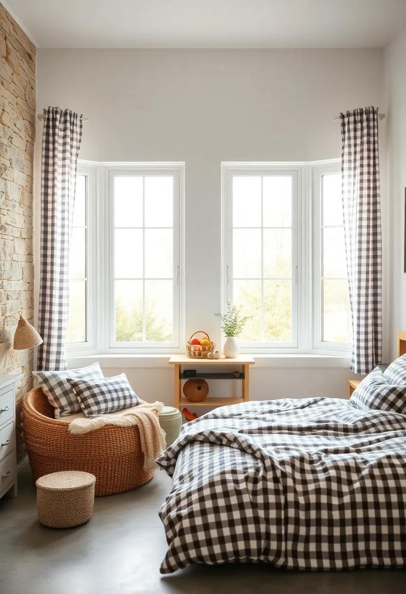 Farmhouse Windows Framed by Gingham Curtains Revealing Sun-Dappled Playrooms and Restful Spaces