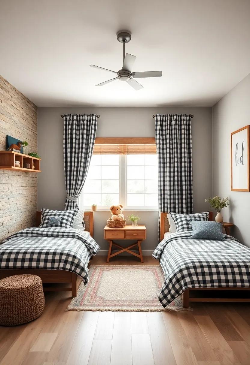 Gingham Cushions and Curtains Paired with Simplistic Farmhouse Wall Art for Inviting Kids' Rooms