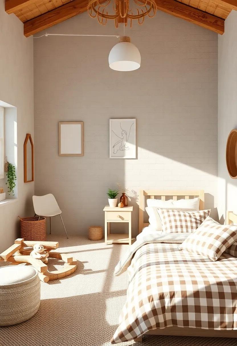 Playful Patterns in Kids' Rooms Featuring Neutral Toned Gingham Bedding and Vintage Farmhouse Decor