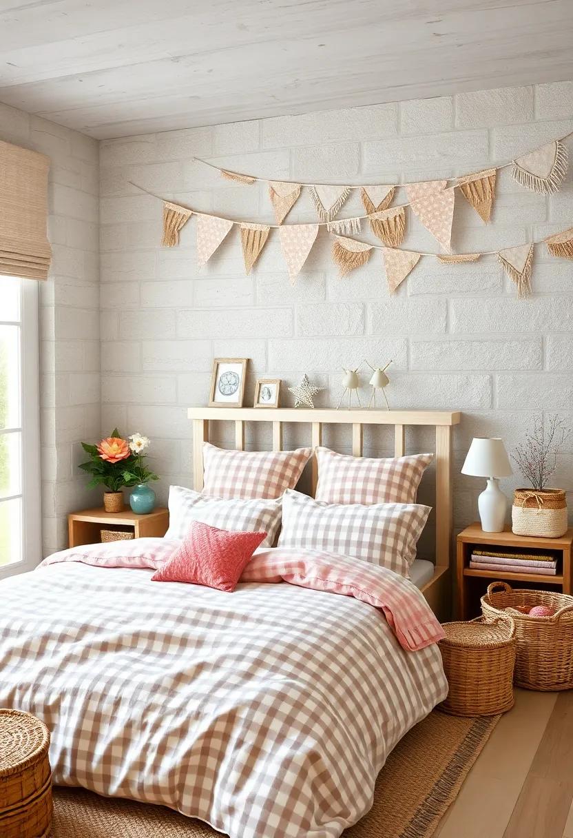 Farmhouse-Inspired Children's Rooms Highlighting Gingham Bunting and Woven Baskets for Added Warmth