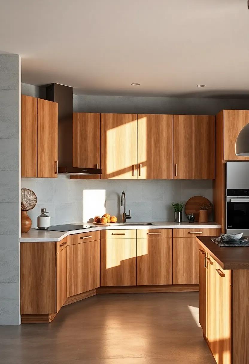 Artful Play of Light and Shadow on Textured Oak Cabinet Doors and Polished Concrete Floors