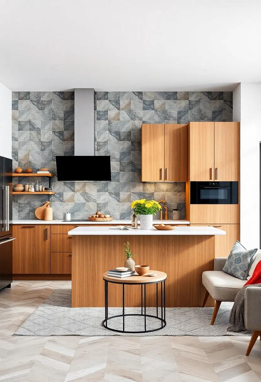 Bold Geometric Kitchen Layout Featuring Oak Cabinets and Artistic Ceramic Wall Tiles