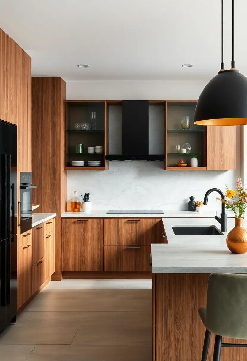 Contrast Between Matte Black Fixtures and Rich Oak Cabinetry Creating Visual Drama