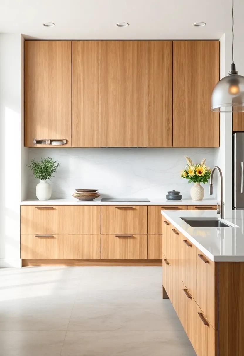 The Harmony of Oak Cabinet Surfaces and Glossy White Countertops in a Bright Modern Kitchen