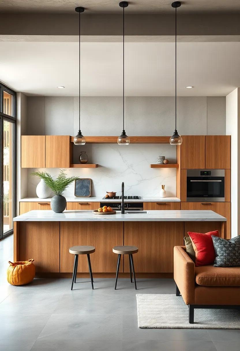 Modern Island Design With Oak Cabinets and Marble Countertops Creating An Inviting Hub