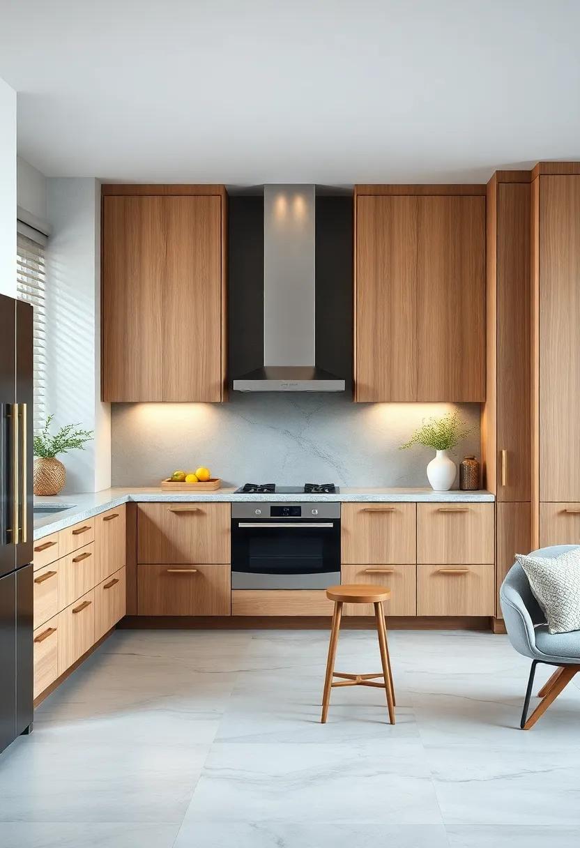 Neutral Palette Kitchen Featuring Oak Cabinets Paired With Stone Countertops and Metallic Hardware