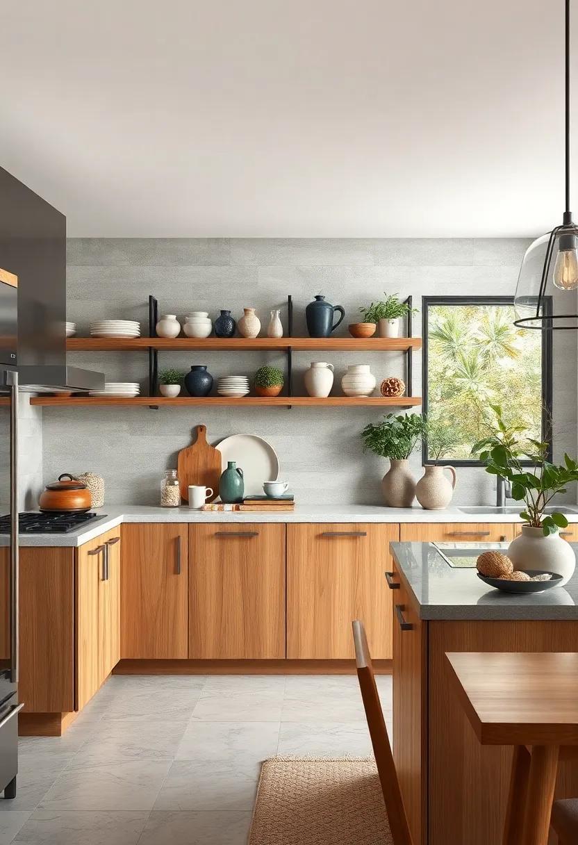Open Shelving With Oak Accents Displaying Artisanal Pottery and Greenery in a Modern Kitchen