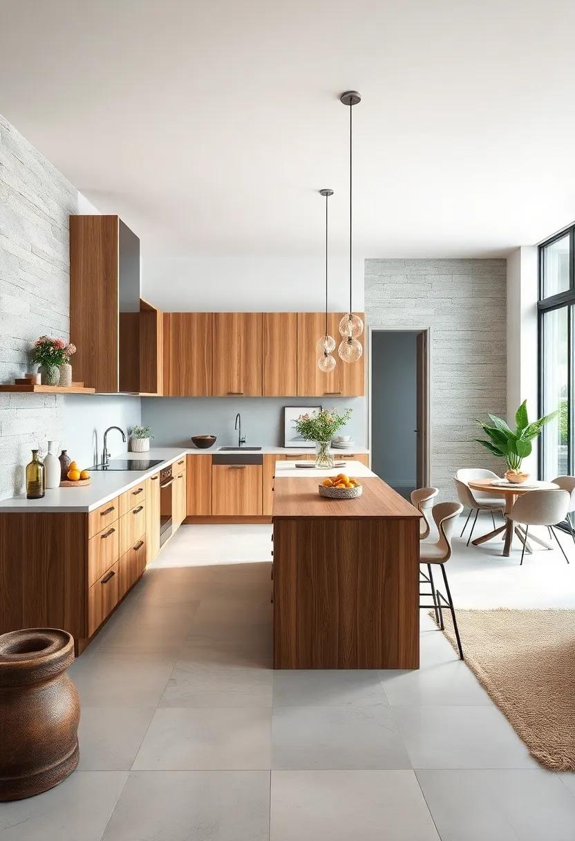Open Concept Kitchen With Oak Cabinets Flowing Into Dining and Living Areas With Natural Textures