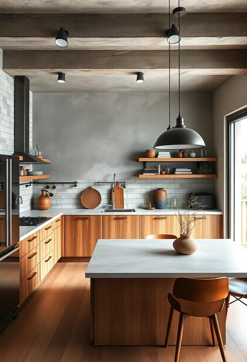 Rustic Meets Modern: Oak Cabinetry Paired With Industrial Pendant Lighting and Raw Metal Features
