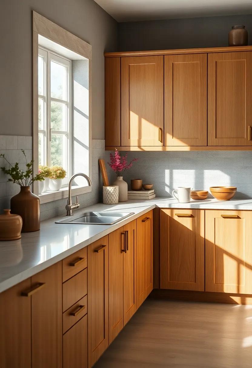Serene Morning Kitchen Light Casting Soft Shadows on Oak Cabinet Surfaces and Brass Handles
