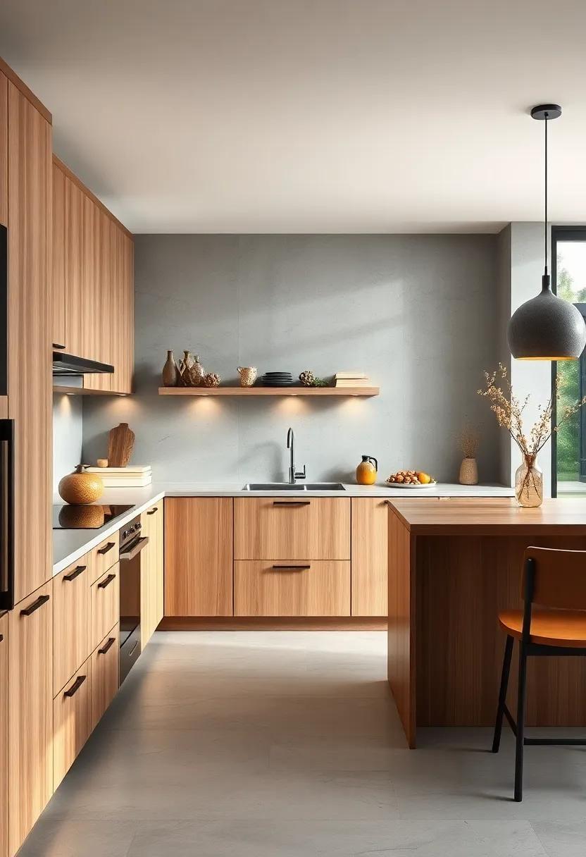 Sleek Modern Kitchen Design Featuring Minimalist Oak Cabinets and Soft Ambient Lighting
