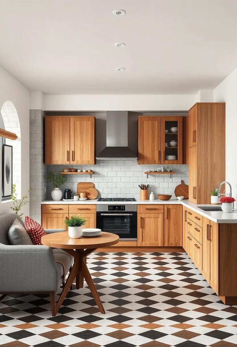 Vintage-Inspired Kitchen Scene Featuring Oak Cabinets and Checkerboard Flooring