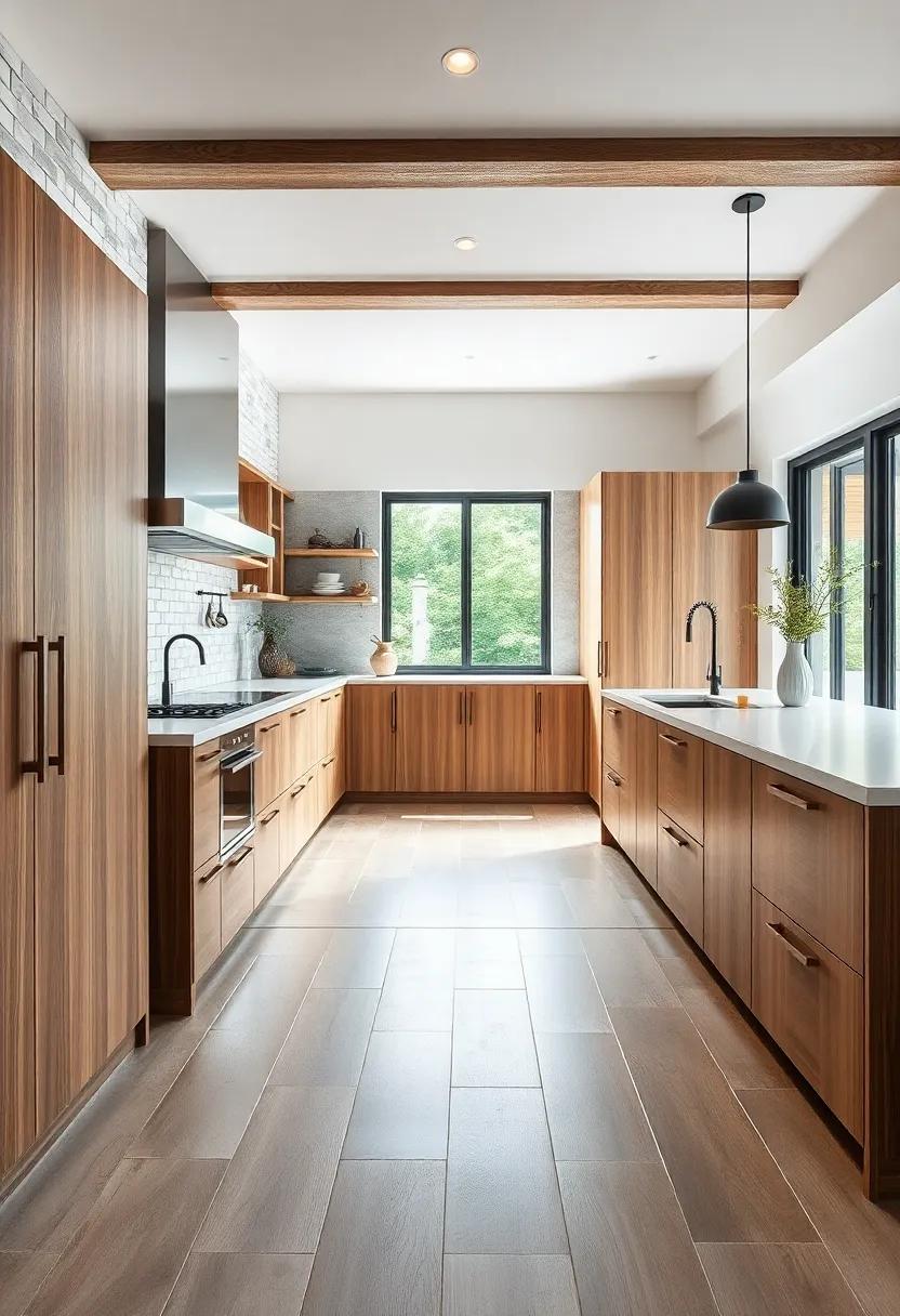 Wide Aisle Kitchen Design Boasting Expansive Oak Cabinetry and Elegant, Streamlined Hardware