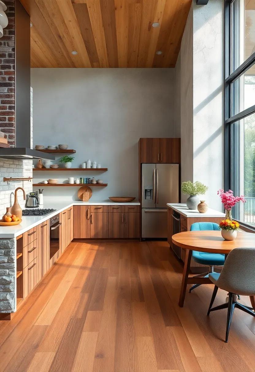 Contrasting Wood Species in Flooring and Cabinetry Creating Rich Visual Texture and Warmth