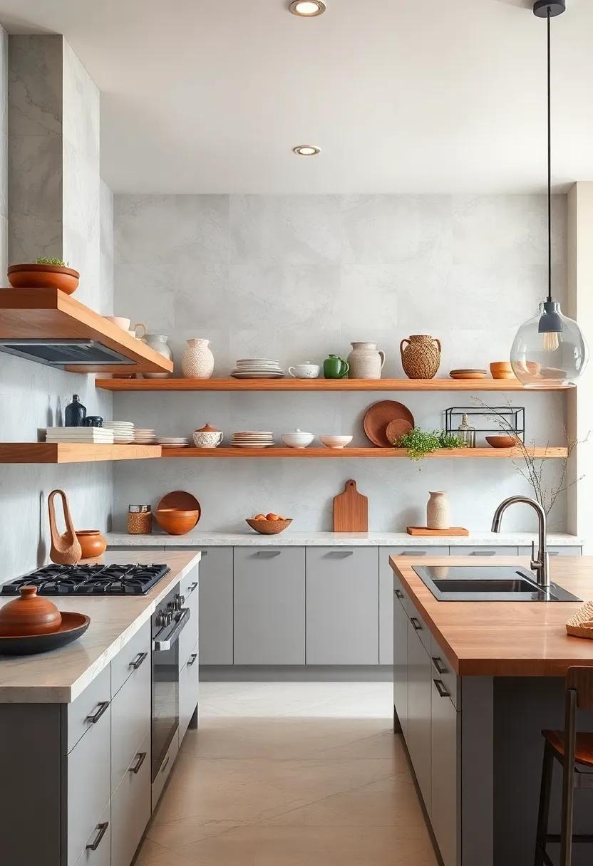 Floating Shelves Displaying Handcrafted Pottery and Artisanal Goods as Kitchen Art Statements